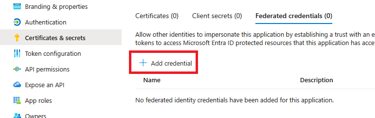Add a new federated credential to the `sofia-test` app registration.