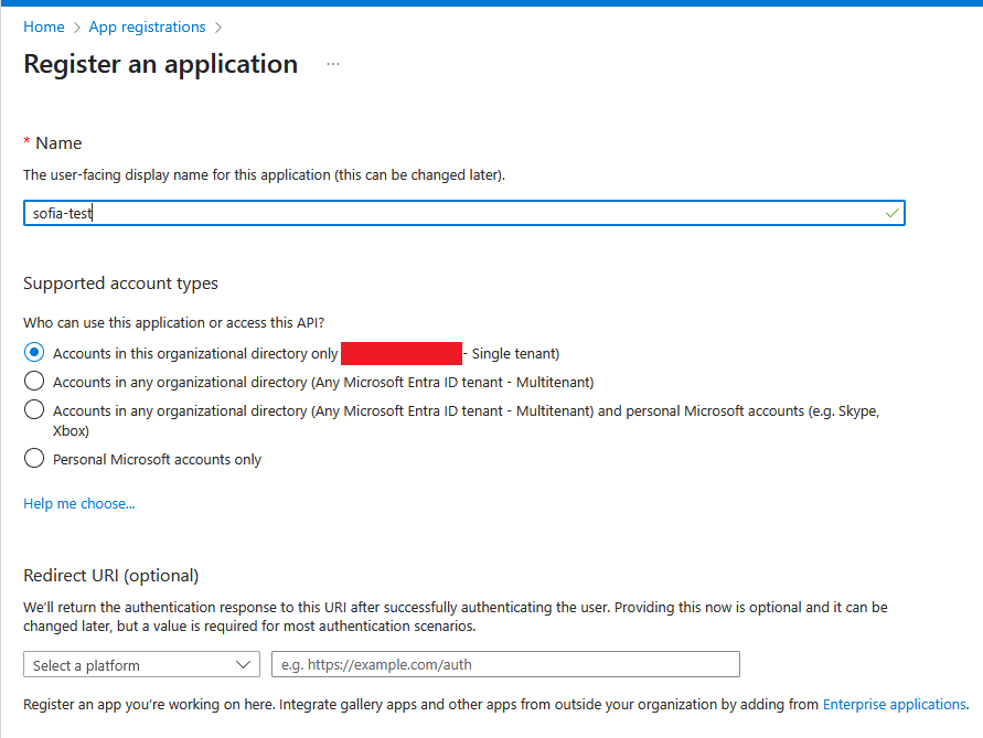Create an app registration named `sofia-test` in Azure.