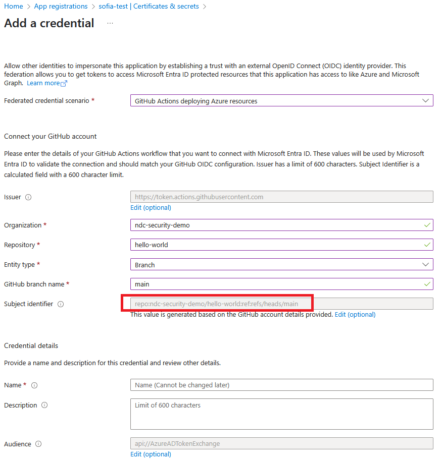 The "Subject identifier" value is auto-filled when all other options are selected.