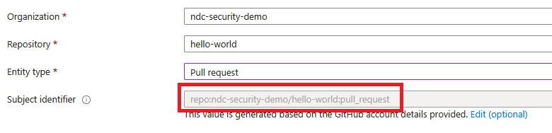The subject identifier is auto-completed to `repo:ndc-security-demo/hello-world:pull_request`.