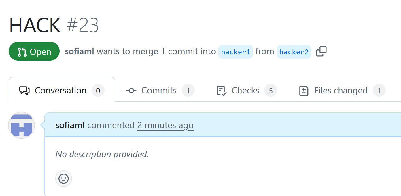 A pull request is created from `hacker2` to `hacker1`.