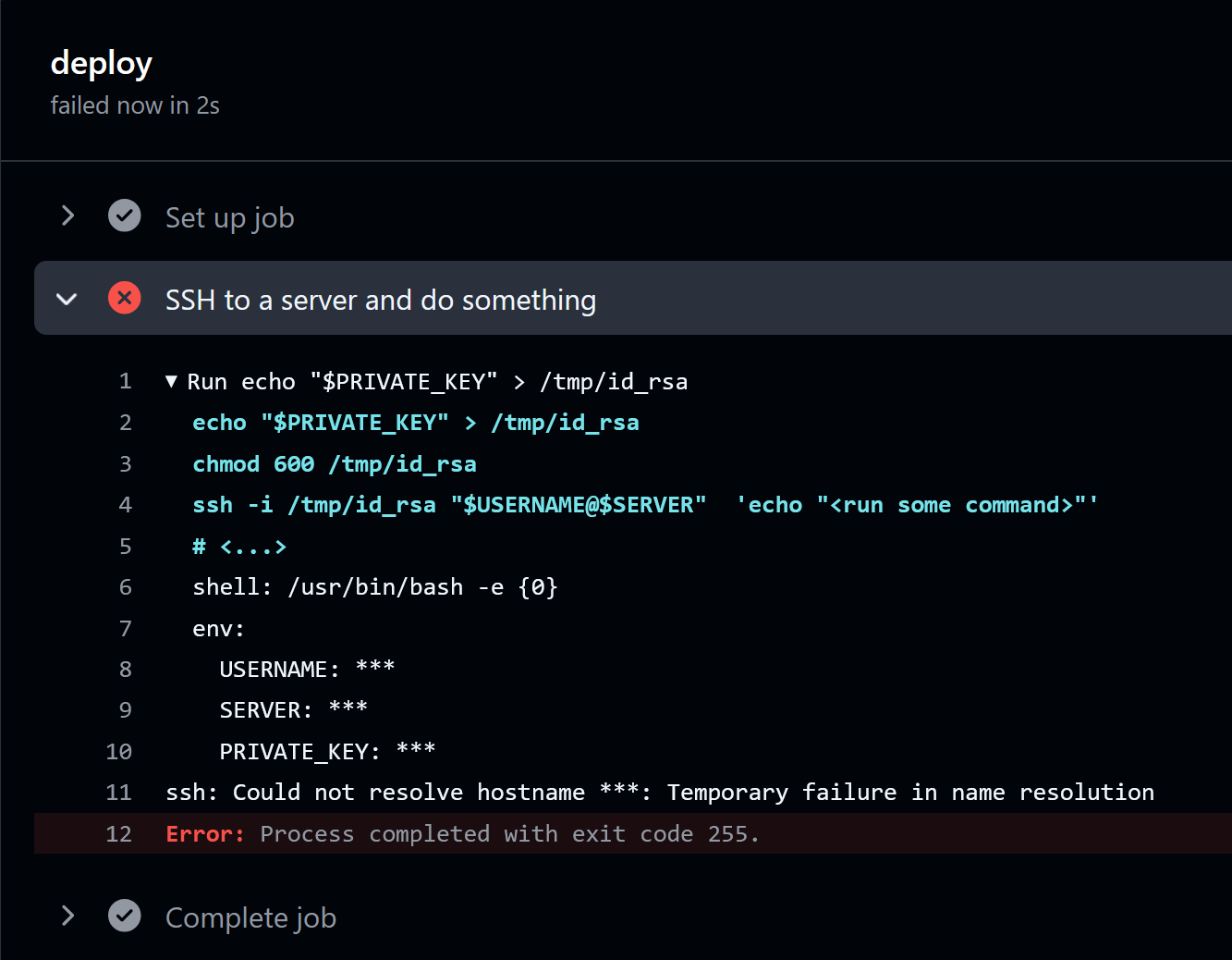 GitHub secrets are not printed to the workflow run log.