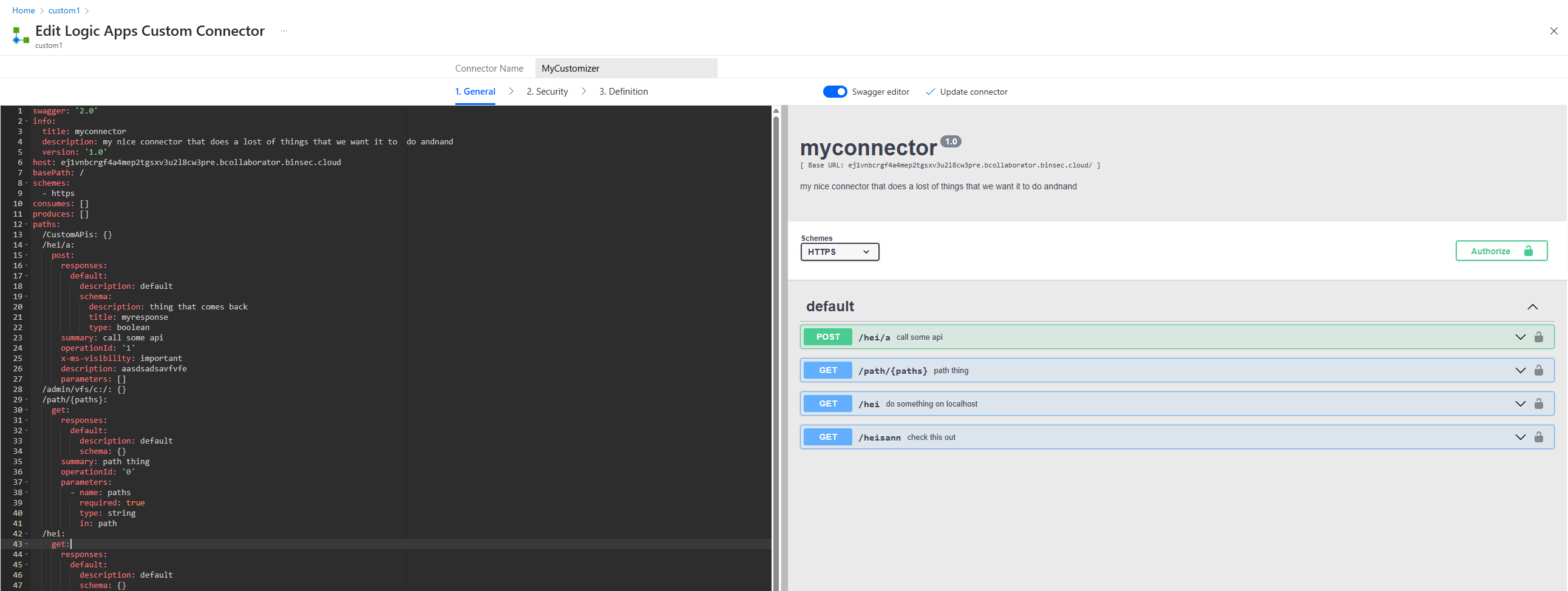 The view we are greeted with when we have created a Custom Connector Definition